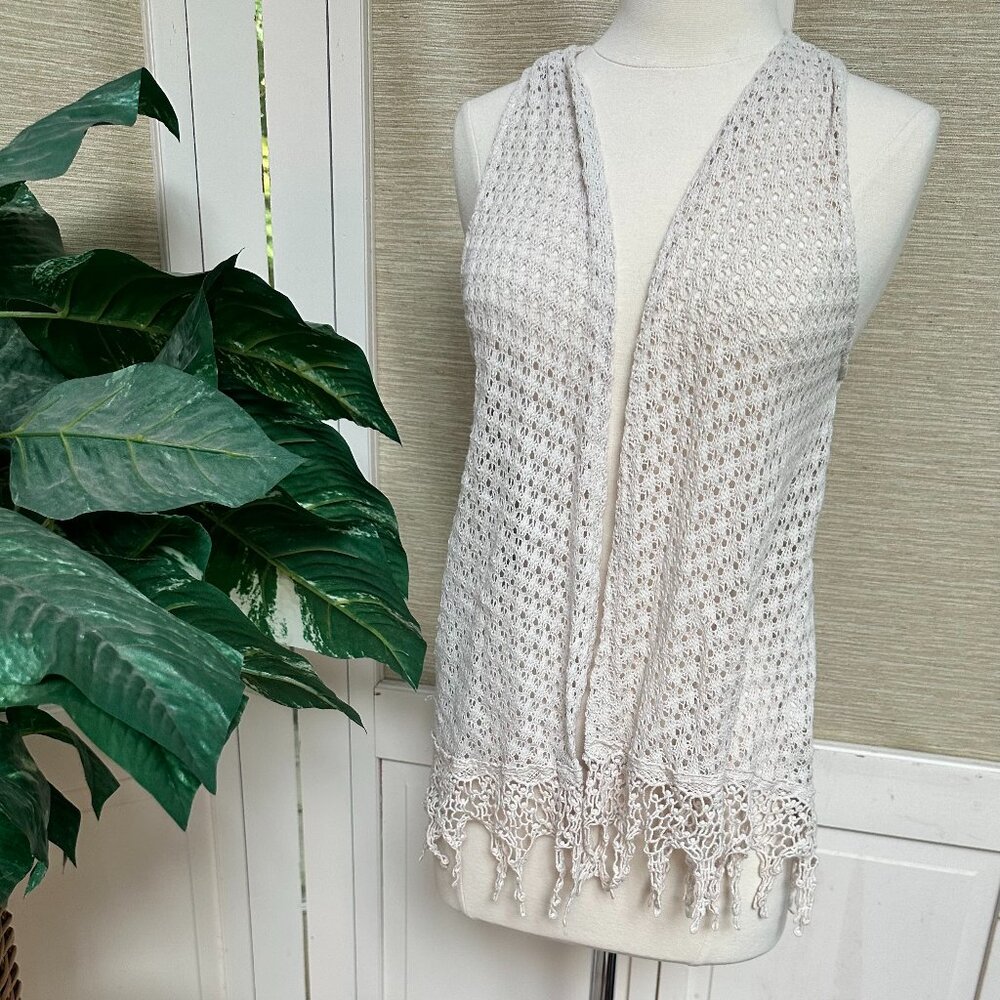 Monteau Crochet Fringe Vest Small Ivory Open Knit Boho Layering